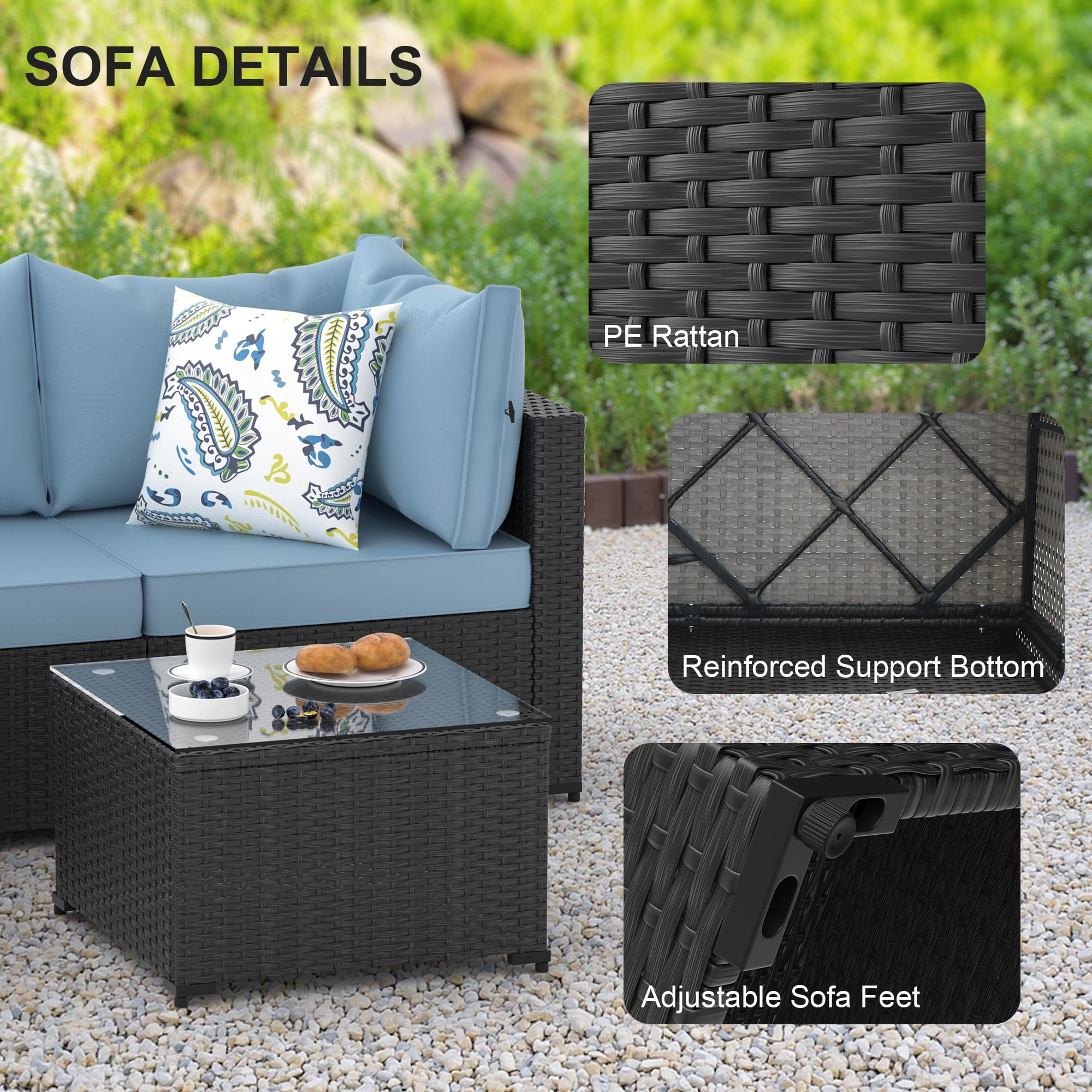 Phonjoroo 5PCS Patio Furniture Sets All Weather Outdoor Sectional Sofa Manual Weaving Wicker Rattan Outdoor Conversation Set with With Cushion And Glass Table, Light Blue