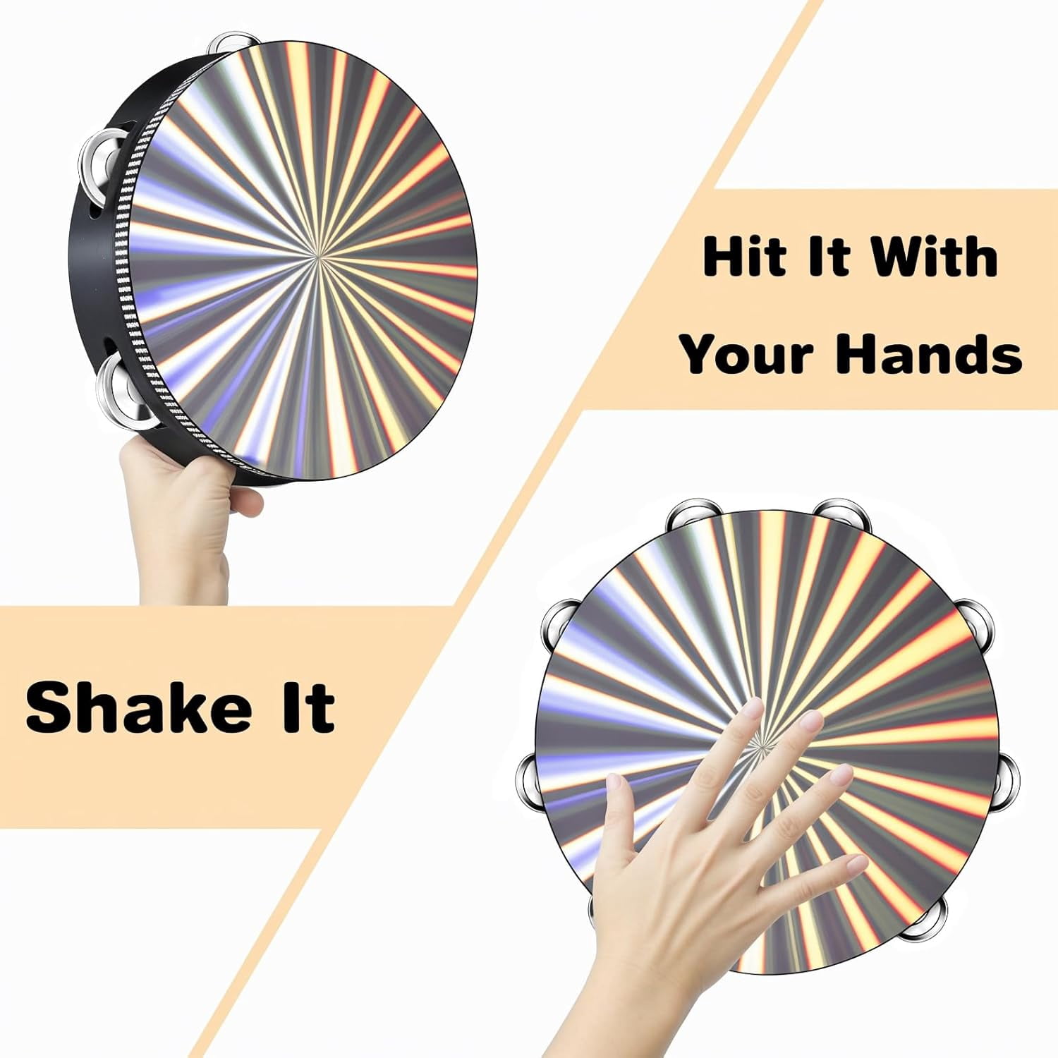 ABPETE Radiant Tambourines for Adults,Wooden Hand Held Drum Tambourine with Single Row, Percussion Musical Instrument Reflective Tambourine for Church, Party, Dance, KTV(3 Pack,6/8/10 Inch)