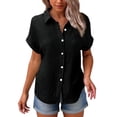 thumbnail image 5 of GXIPO Button Down Shirt Women Cotton Short Sleeve Blouses V Neck Collared Button Up Summer Beach Tops Black M, 5 of 6