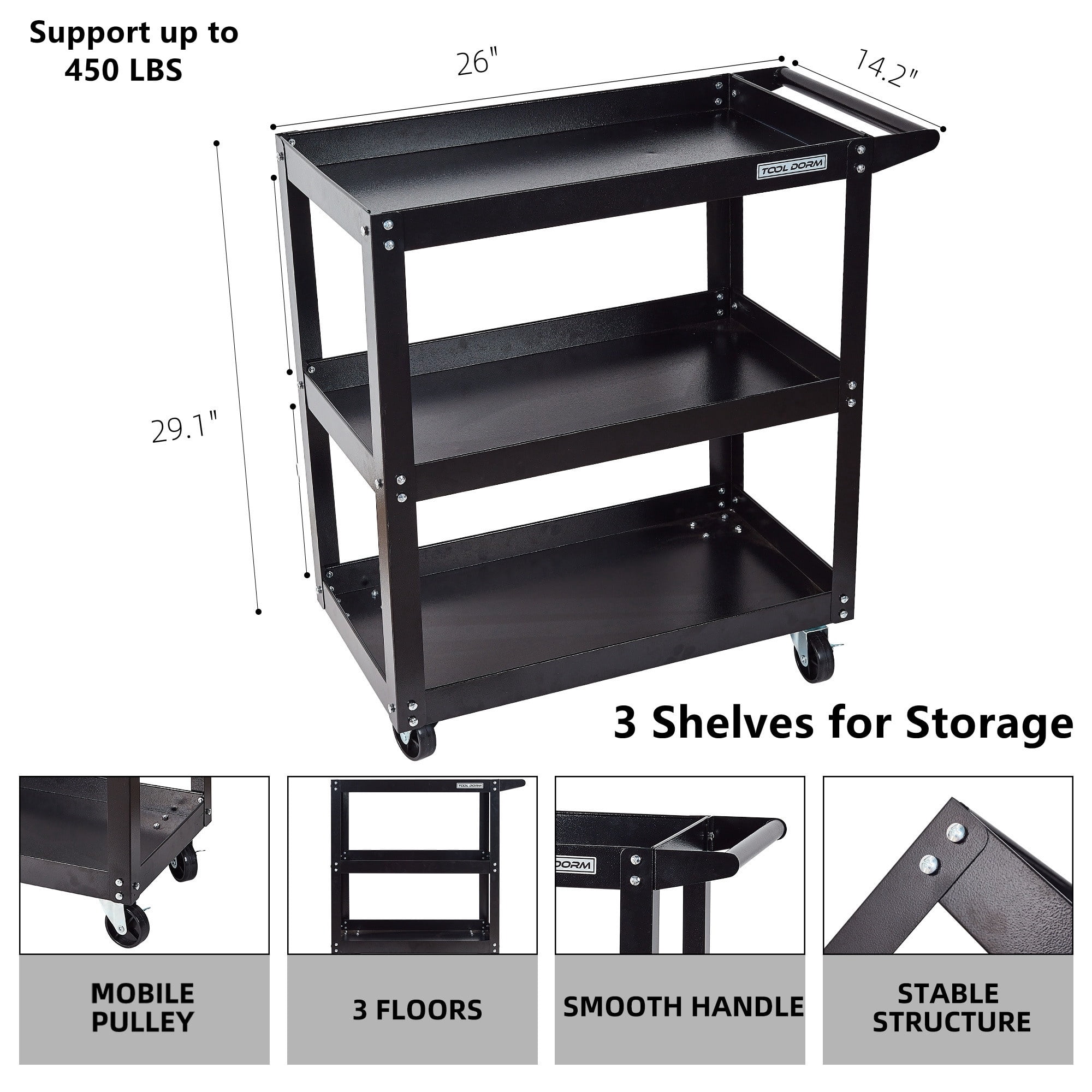 Aukfa 3-Tier Utility Cart with Wheels, 450 lb Heavy Duty Rolling Tool Cart Service Cart for Warehouse, Garage, Black
