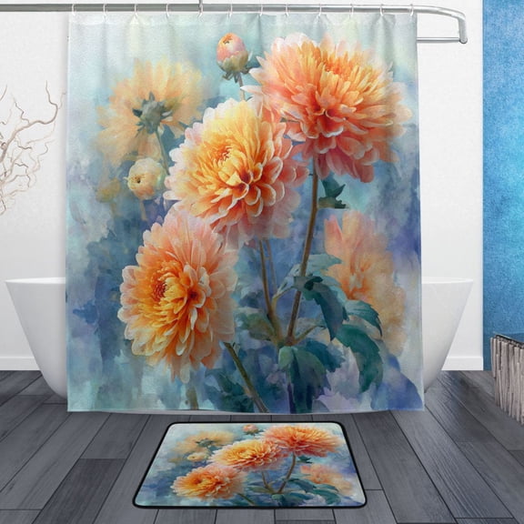 TTYFWHD 60" x 72" Shower Curtain and Bath Mat Set Orange Chrysanthemums Pattern Waterproof Bathroom Curtain with 12 Hooks, Bathroom Decor Set