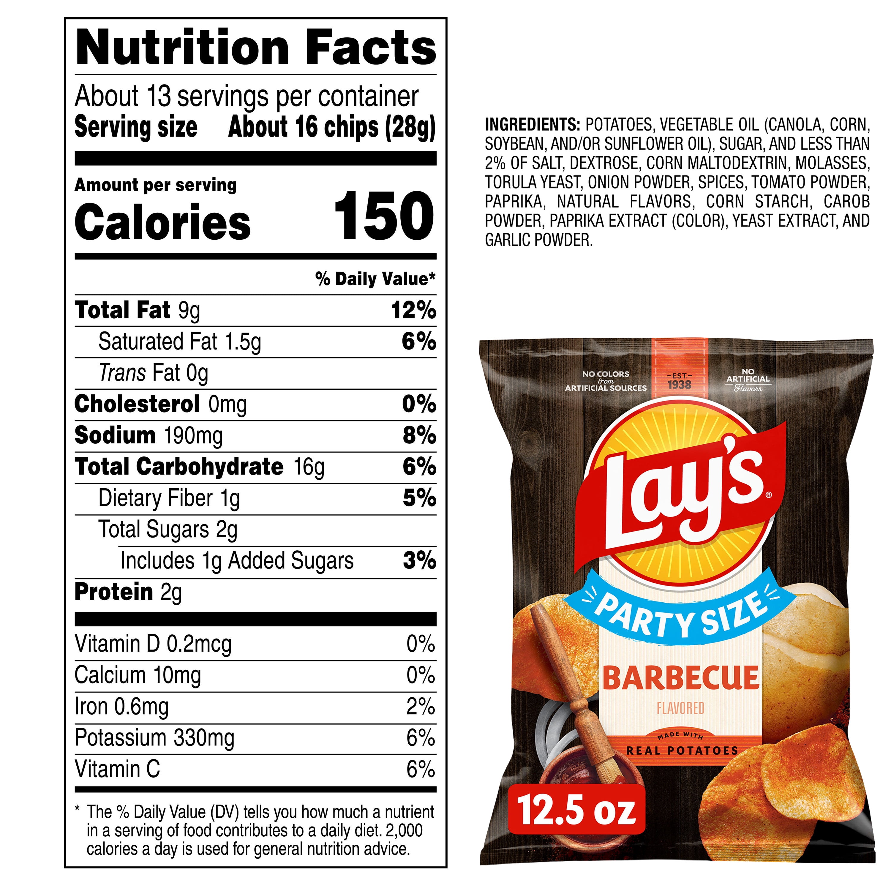(4 pack) Lay's Barbecue Flavored Potato Chips, Party Size, 12.5 oz Bag