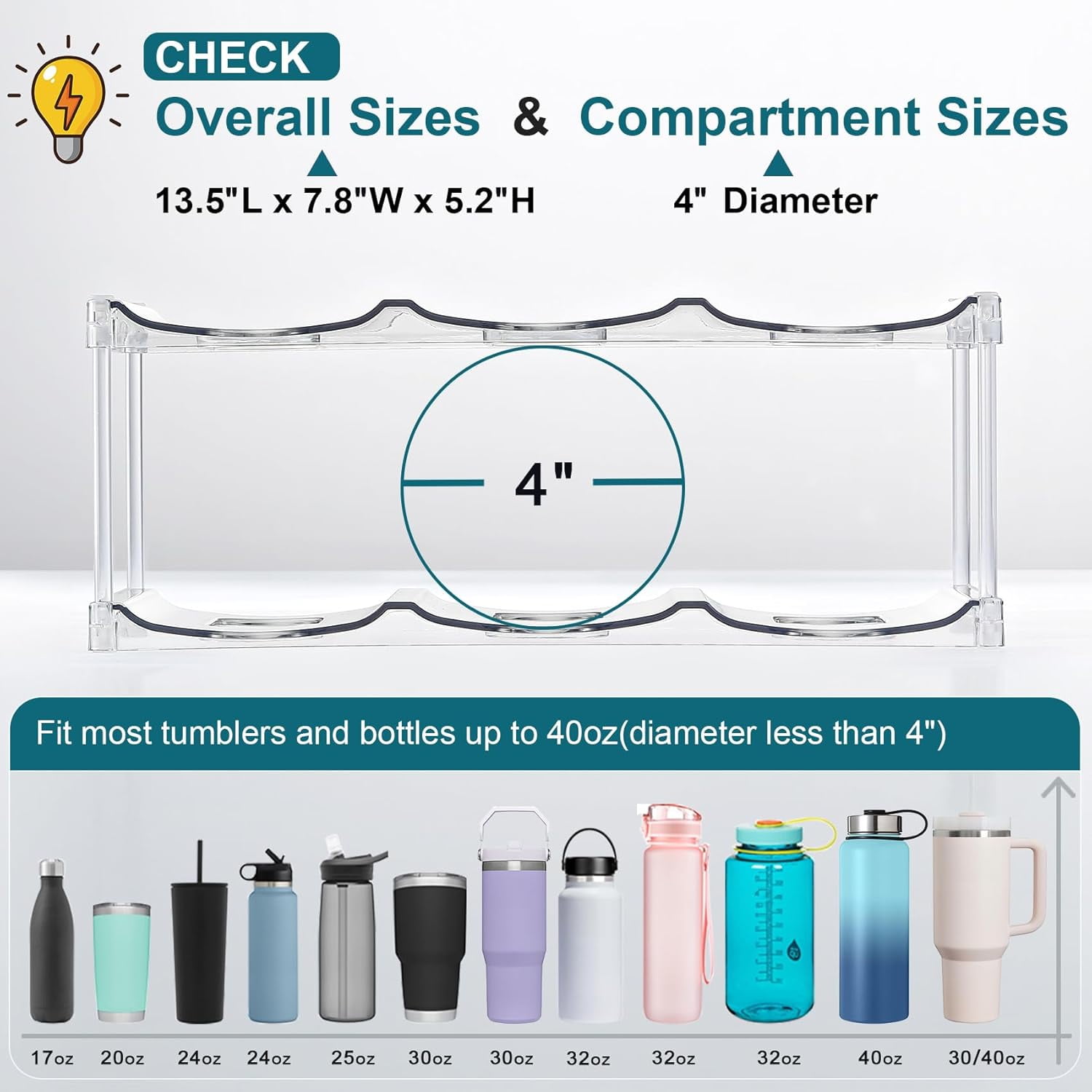 Stackable Water Bottle Organizer Holder - for Stanley & Others' Large Tumbler - Clear Wine Rack, Cup Bottle Holder for Cabinet Home Countertop Fridge Pantry Shelf