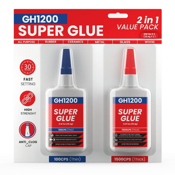 GH1200 57 Grams (2 oz) 100/1500 CPS (thin/ thick) Super Glue All Purpose with Anti Clog Cap. Ca Glue - Adhesive SuperGlue. Cyanoacrylate Glue for Hard Plastics, DIY Craft, Metal 1 Oz each