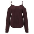 thumbnail image 4 of STARVNC Women Crew Neck Cold Shoulder Spaghetti Strap Long Sleeve Waffle Top, 4 of 4