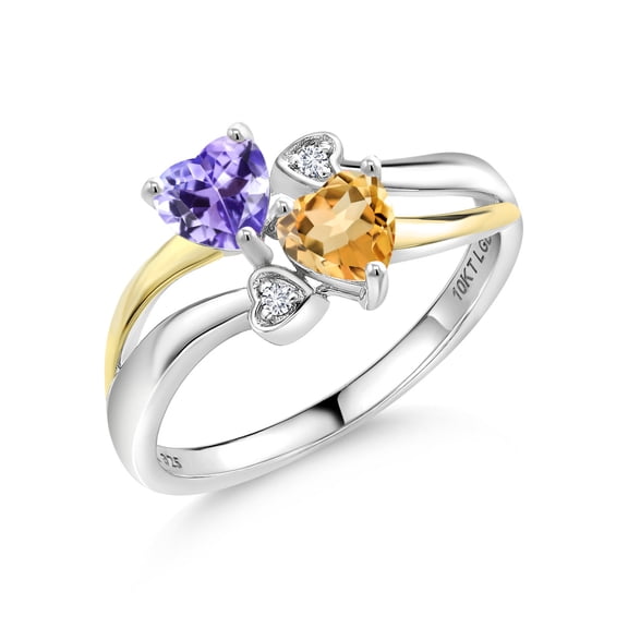 Gem Stone King 925 Silver and 10K Yellow Gold Blue Tanzanite and Yellow Citrine and White Lab Grown Diamond Ring for Women (0.98 Cttw, December Birthstone, Heart Shape 5MM, Size 7)