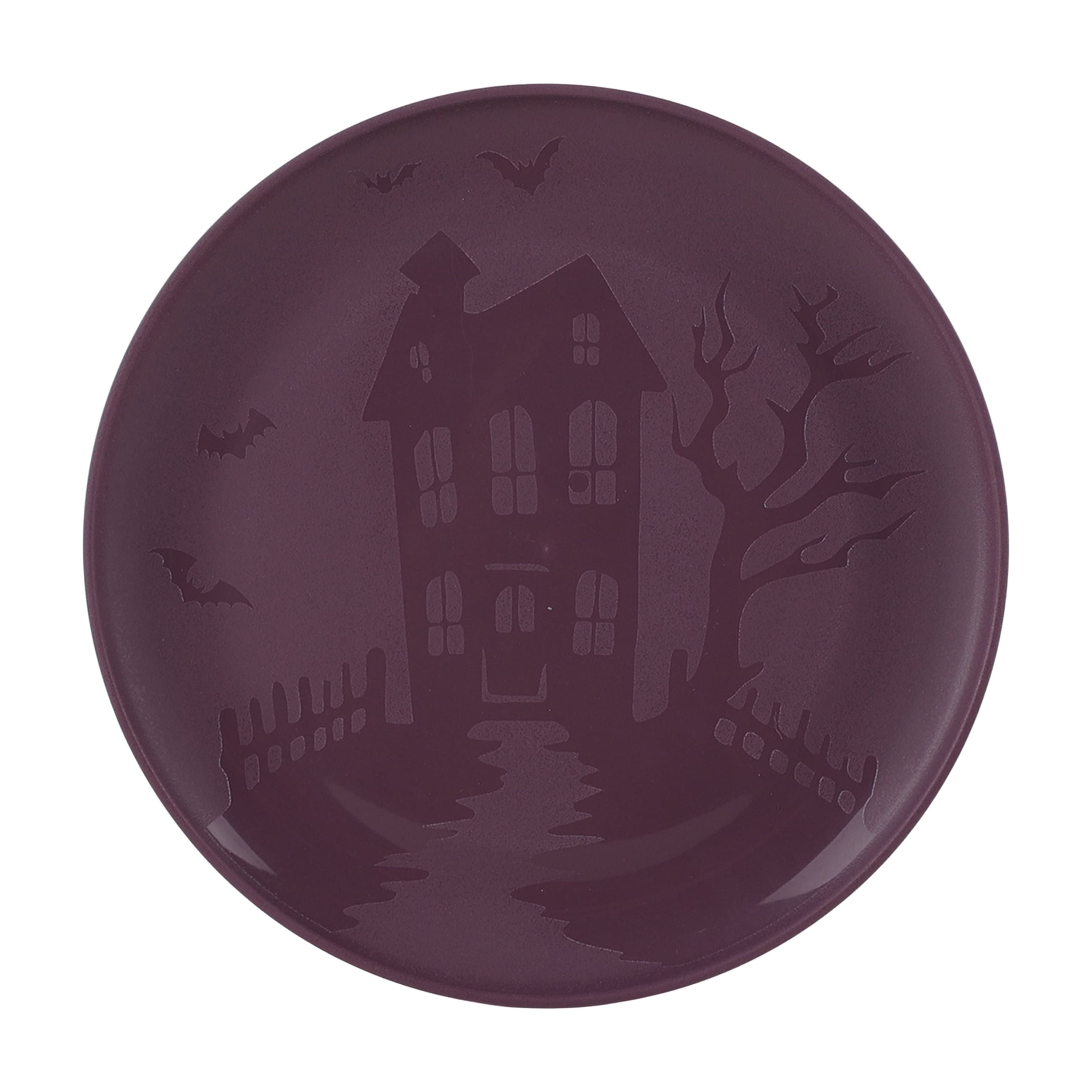 Mainstays 30-Piece Plastic Etched Haunted House Dinnerware Set, Purple