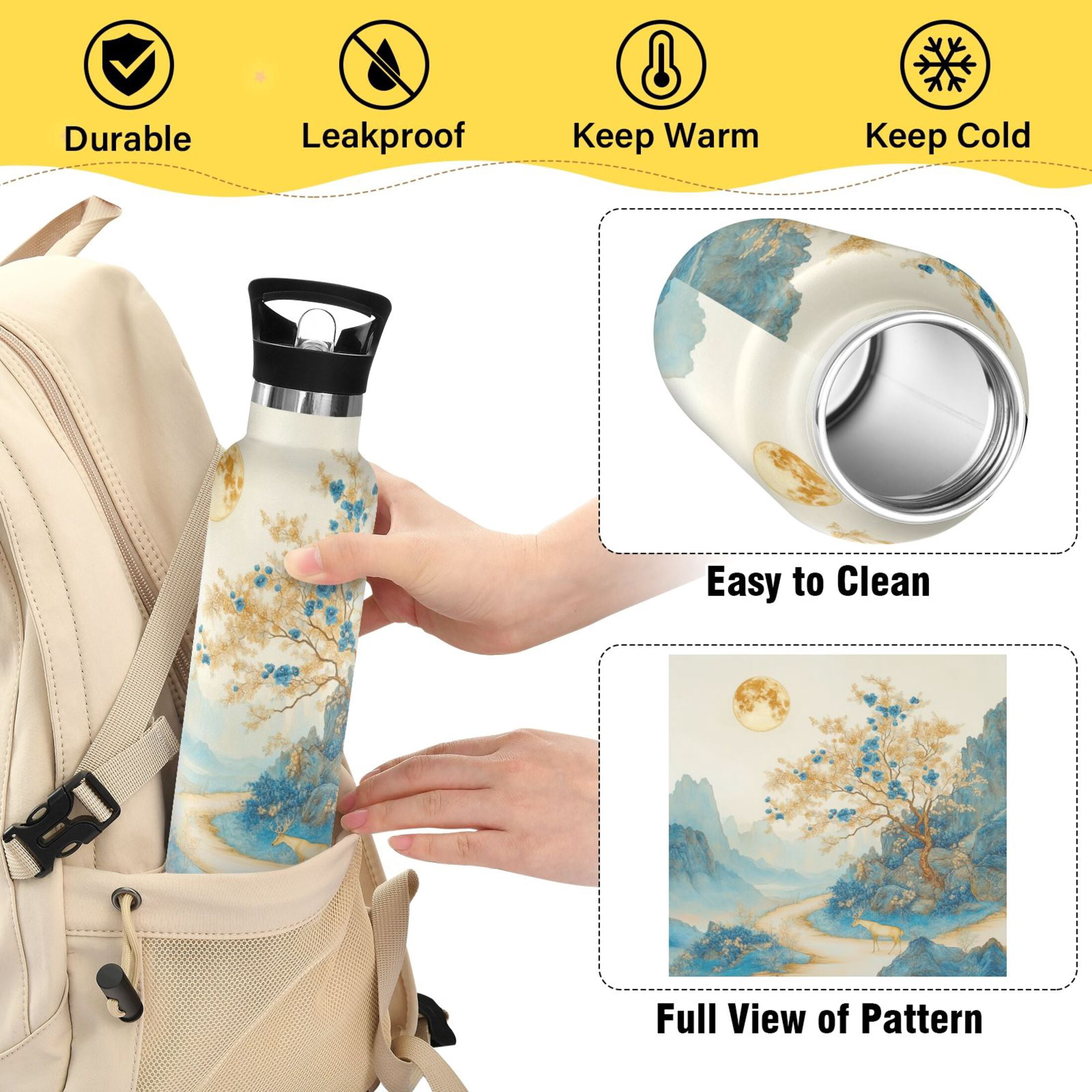 600ML Stainless Steel Insulated Cup Sports Water Bottle Portable Thermos Cup Water Glasses Insulated Tumblers Convenient and Durable Golden Classical Deer