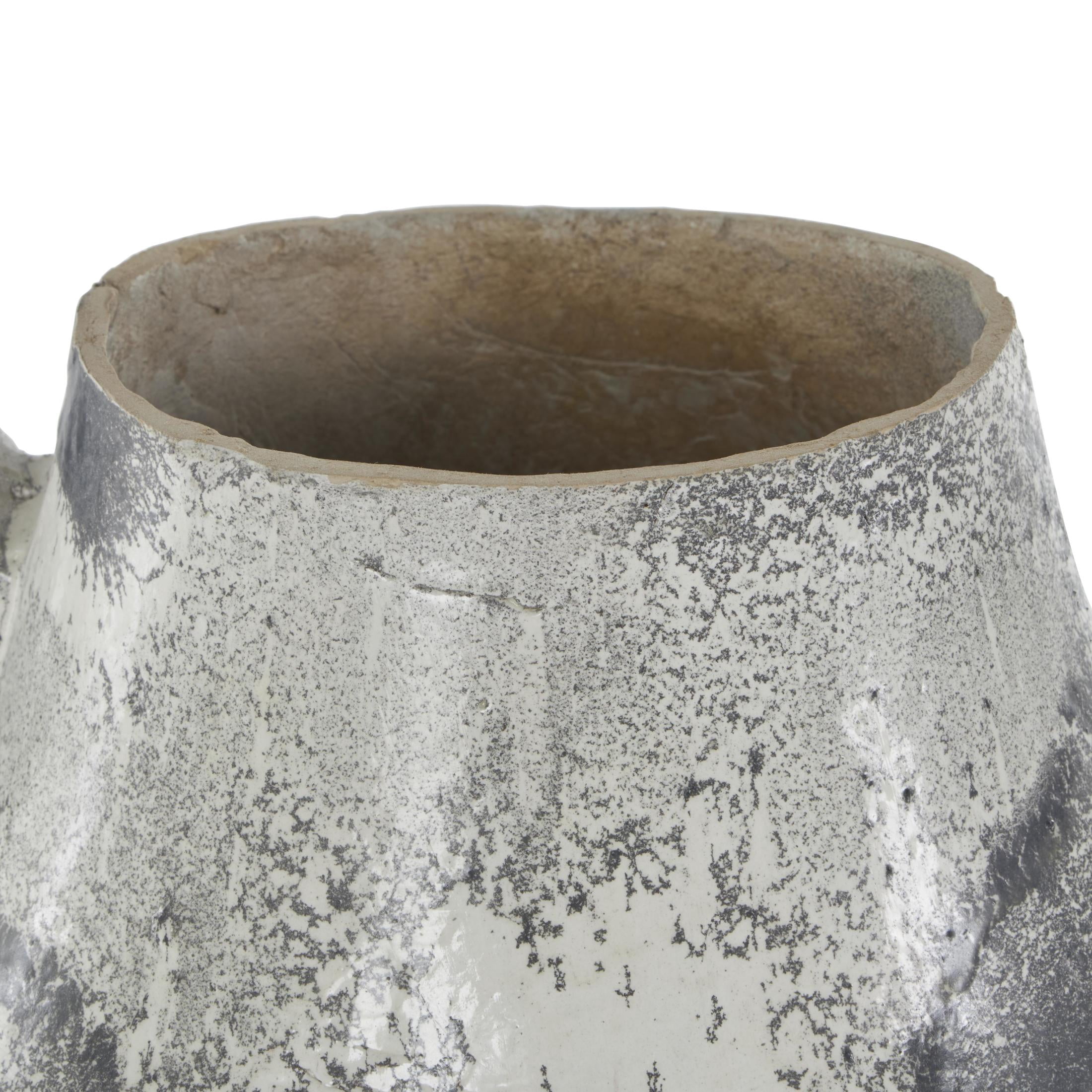 DecMode 15" Distressed Fluted Light Gray Paper Mache Vase with Light Gray Texturing and Ring Handle