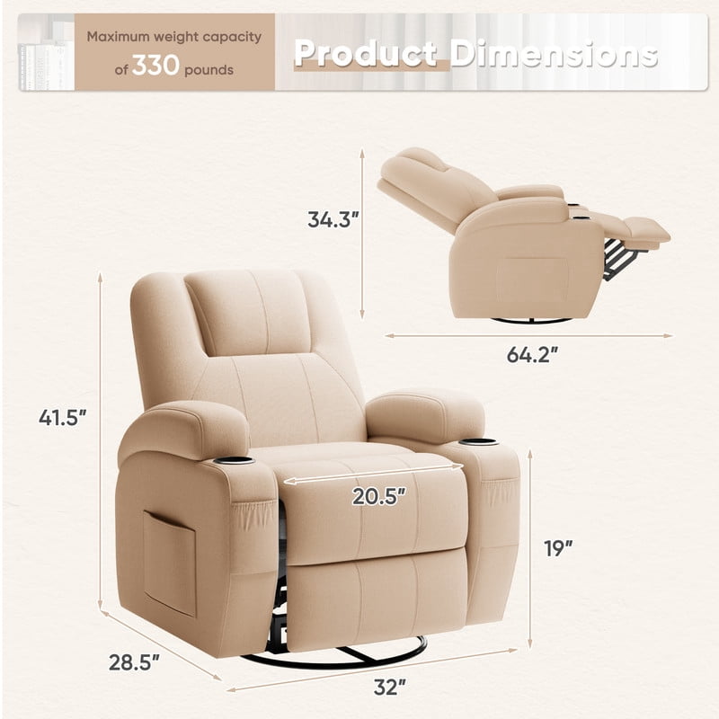 Vineego 360° Swivel Recliner Oversized Massage Rocking Chair Nursery Chair Power Living Room Furniture With Two Cup Holder,Beige