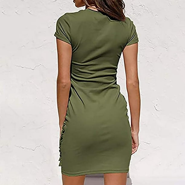 Fesfesfes Summer Dresses for Women Casual Solid Color Short Sleeve Round  Neck Tight-fitting Semi Formal Mini Dress 