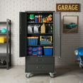 thumbnail image 3 of Garvee 71.7" Metal Storage Cabinet with 2 Drawers and Lockable Wheels for Garage, Workshop, Office, Black, 3 of 9