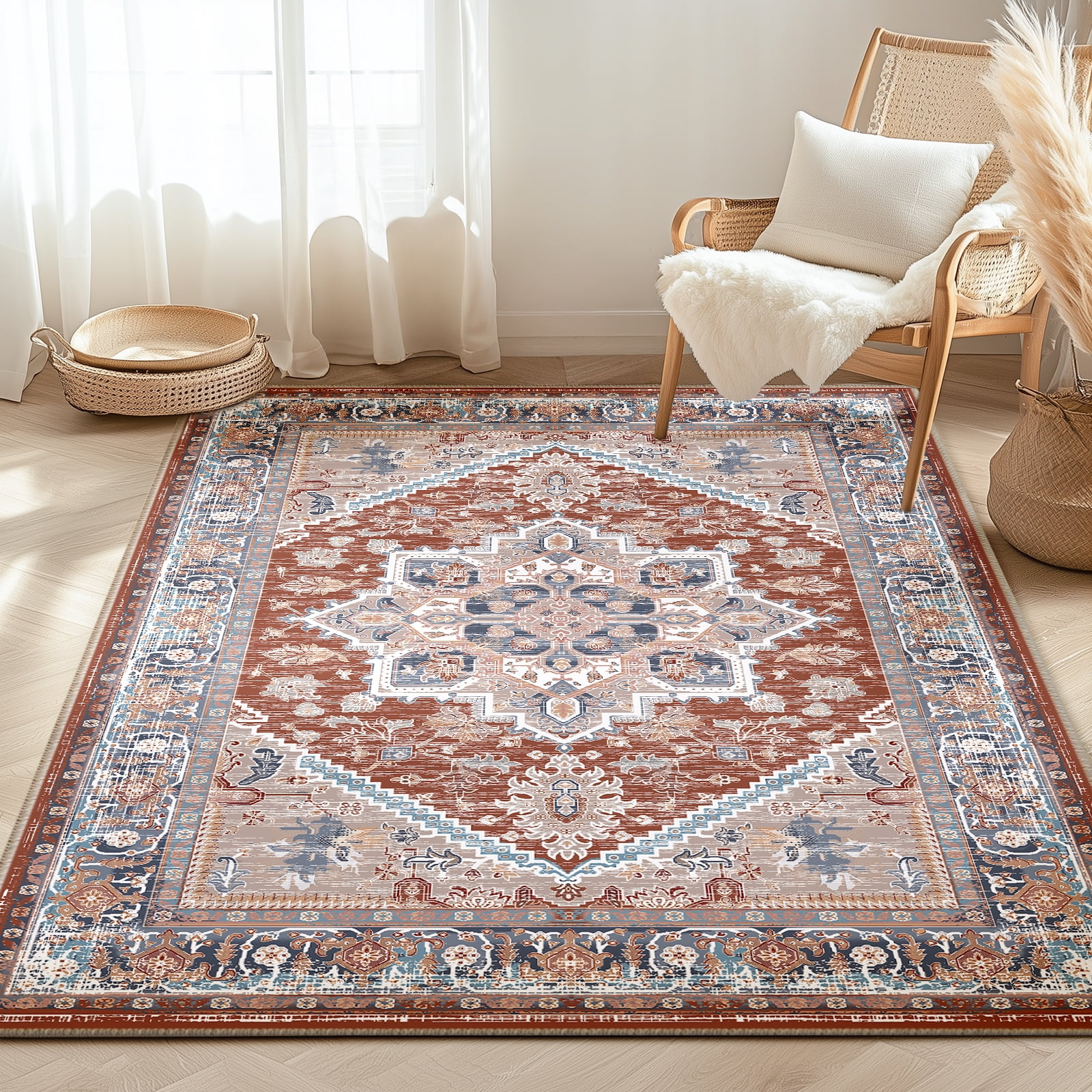 3'x5' Area Rugs, Machine Washable Non Slip Area Rug for Kitchen, Soft Low Pile Vintage Print Pattern Indoor Bathroom Thin Carpet, Brick Red