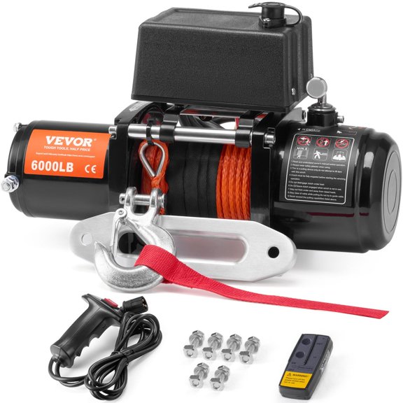 12V Electric Winch, 6000 lb Capacity with Synthetic Rope & Wireless Remote, Waterproof for Off-Road Trucks, Jeeps, SUVs, and Trailers