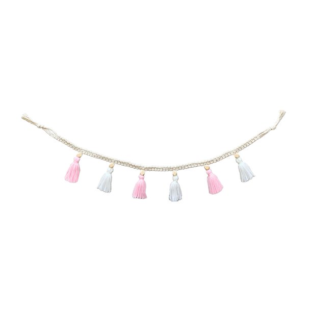 Pink Guirnalda de cuentas de madera de cuerda de algodón con borla, adorno nórdico, decoración de habitación de bebé para niños, accesorios colgantes para guardería