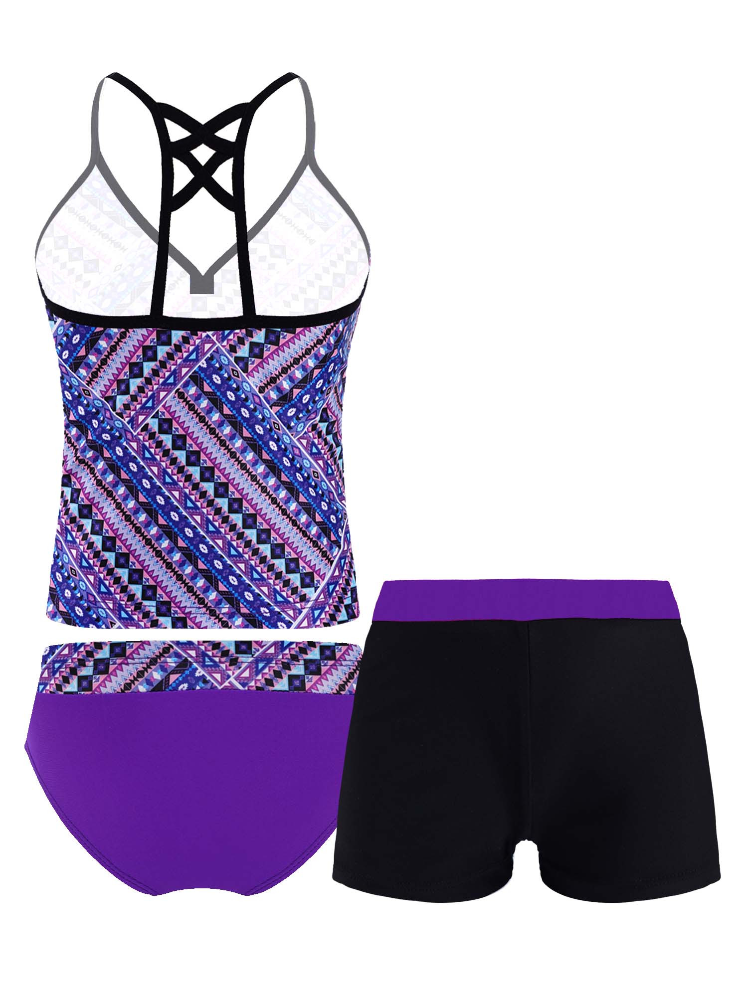 MSemis Girls 2-Piece Tankini Set - Criss Cross Tank Top & Boyshorts, Summer Beachwear