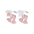 thumbnail image 2 of Toddler Baby Girls Easter Outfits 6 12 18 24 Months 2T 3T 4T Short Sleeve Letter Print T-Shirt Egg Pattern Flare Pants Bow Headband Clothing Sets, 2 of 9