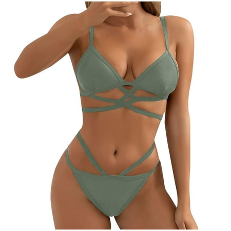 Arnsht 2 Piece Bathing Suits for Women Criss Cross Cut Out Swimsuit Soft Comfort Breathable Triangle High Waisted Cheeky Bikini Set Green XL
