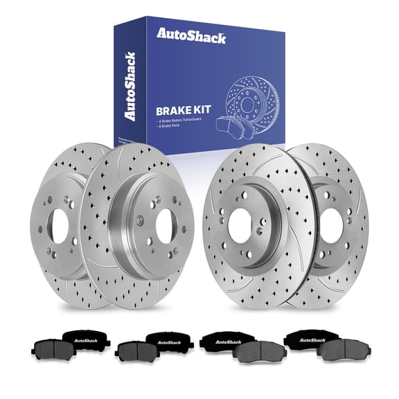 AutoShack Front Vented & Rear Solid Drilled & Slotted Coated Brake Rotors Silver Matte Finish   Premium Ceramic Pads 12-PC Brake Kit Replacement for 2011-2017 Honda Odyssey TurboGuard