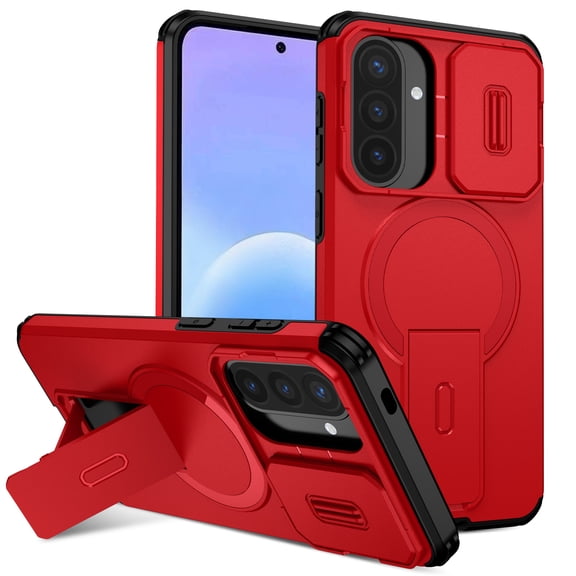 Dteck Magnetic Shockproof For Samsung Galaxy A57 with Sliding Lens Cover, Shockproof Hidden Kickstand Heavy Duty Protective Phone Cover, Red