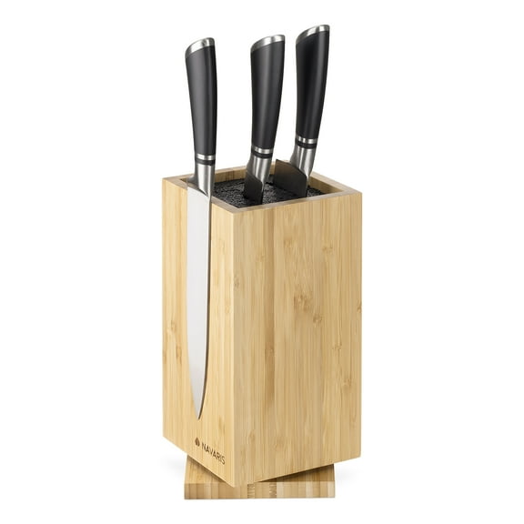 Navaris Bamboo Kitchen Knife Block - Magnetic Rotating Bristle Knife Holder - Universal Knife Block Storage Stand with Bristles - 9.8" x 4.9" x 4.9"