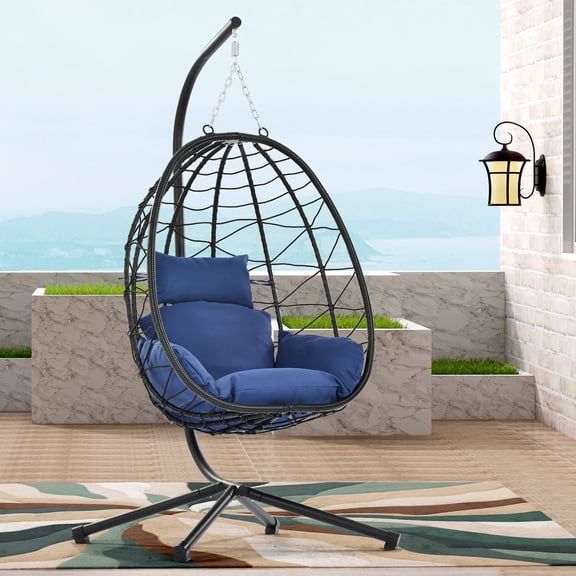 Wicker Hanging Egg Chair with Stand, Hammock Egg Chairs with Hanging Kits, Soft Cushion & Pillow, Large Swing Lounge Chair, Outdoor Indoor Patio Balcony Bedroom Relaxing Basket Chair, B054