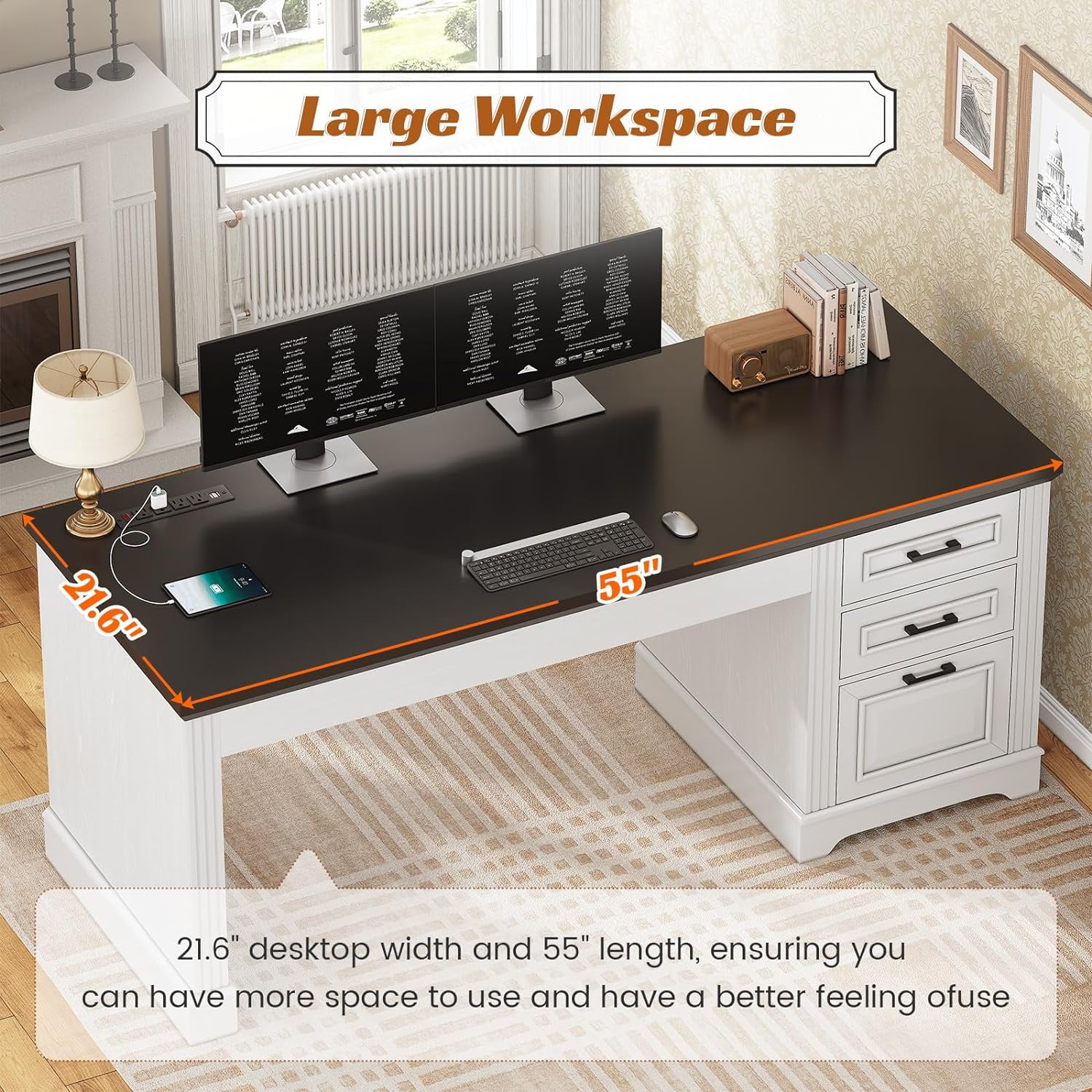 55" Executive Desk with Power Outlets and Storage, Wood Computer Desk with 2 Drawers & 1 File Drawer for Home Office, Large PC Workstation Farmhouse Office Desk, White