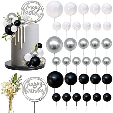 35 PCS Mini Colorful Balls Cake Topper DIY: Artificial Dried Flowers Cake Decorations for Wedding Anniversary Baby Shower Birthday (White Silver Black) – Home Decor
