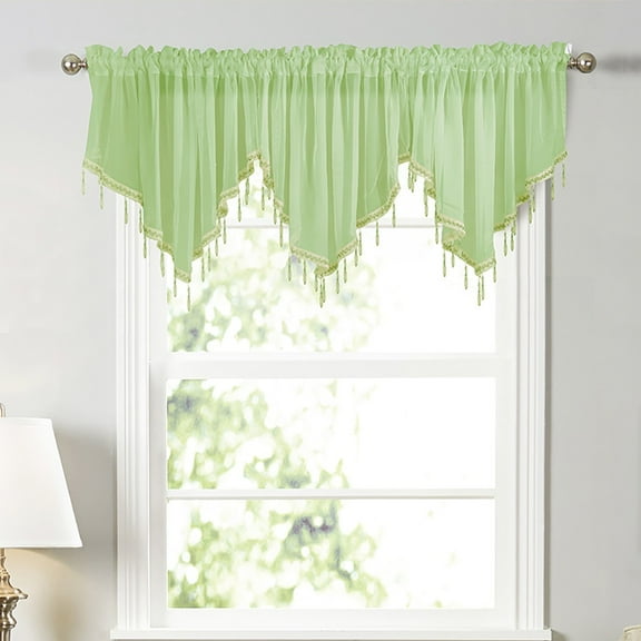 HCBY Lace Valance Swag Curtain 51 Inch Scalloped Sheer Curtain Panels with Crystal Beads - Rod Pocket Farmhouse Window Treatment for Kitchen Bedroom 3pcs Boho Chic Drape Decor Light Green