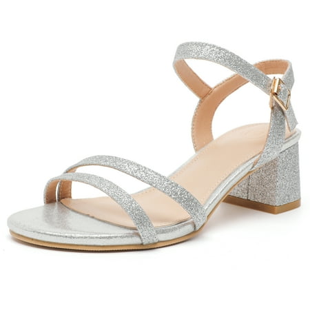 DADAWEN Womens Ankle Strap Block Heels Sandals Open Toe Summer Dressy Sandals Party Wedding Shoes Silver Size 5