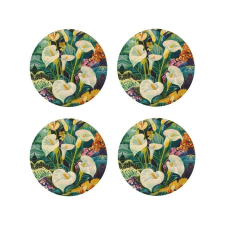 

Leather Coasters Set of 4 - Tropical Floral Jungle Lightweight Non-Slip Drink Coasters for Desk Anti-Scalding Desk Cup Coasters for Office Table Decor Round Shape