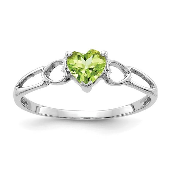 10K White Gold Ring Band with Stones (08) August Peridot Heart Green, Size 7
