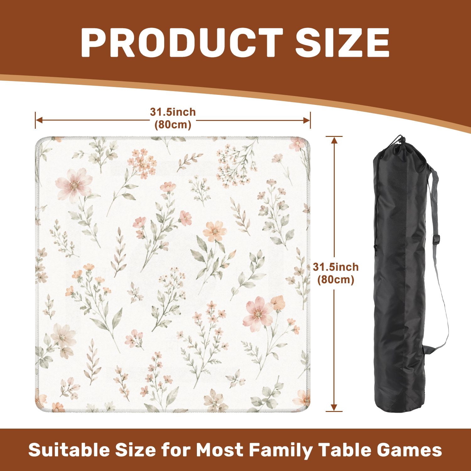 Mahjong Mat 31.5" x 31.5" Delicate Blush Pink Wildflower Botanical Soft Watercolor Style Non-Slip Noise Reduction American Mahjong Tiles Table Cover for Dominoes Poker Card Board Games Gift