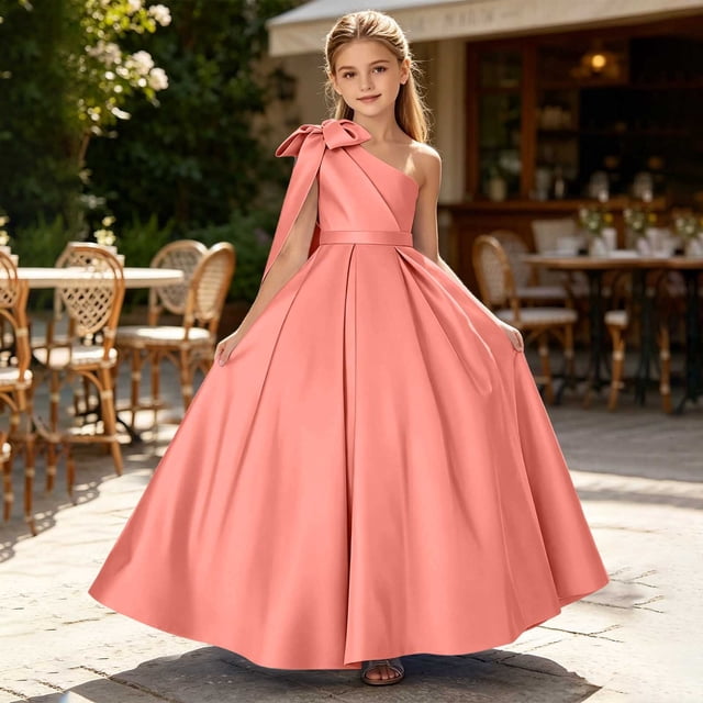 Vestido de fiesta de satén con lazo de un solo hombro para niñas pequeñas, lindo vestido de baile formal de satén con efecto cruzado y cinturón, fucsia, talla 1, de 2 a 12 años.