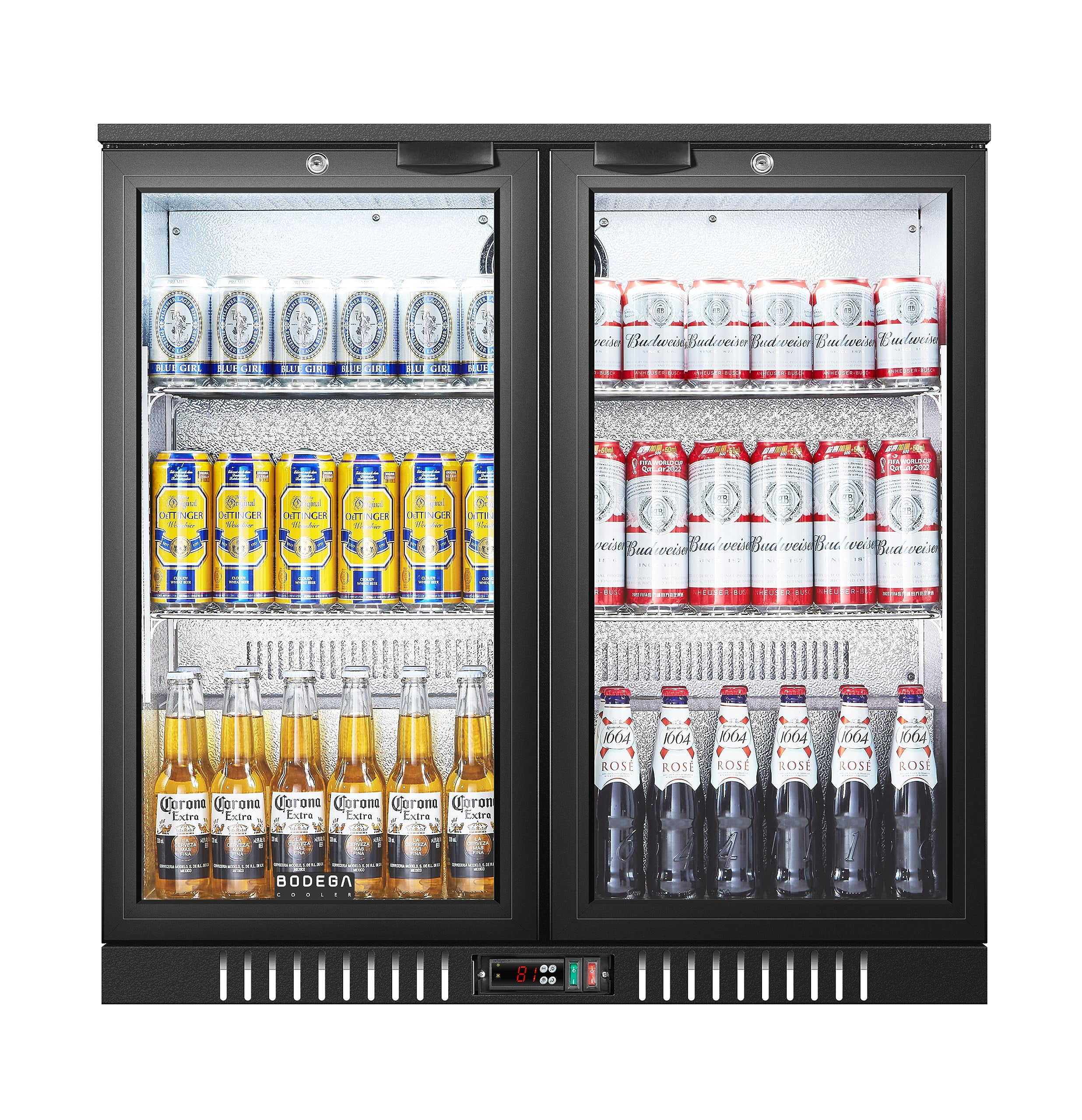 Back Bar Cooler With 2 Glass Doors, BODEGACOOLER 7.4 Cu.Ft. Capacity Back Bar Fridge with LED Lighting, Commercial Under counter Display Fridge for Beer, Soda Drinks, Wine