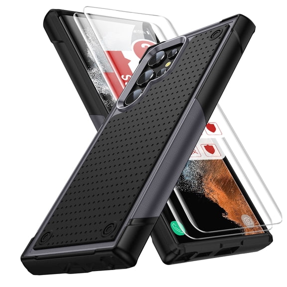 ELEHOLD Heavy Duty Rugged Case for Samsung Galaxy S24,Hybrid Hard PC  TPU Full Protective Shockproof Anti-Scratch Case with 2 Pack Tempered Glass Screen Protector for Samsung Galaxy S24,gray
