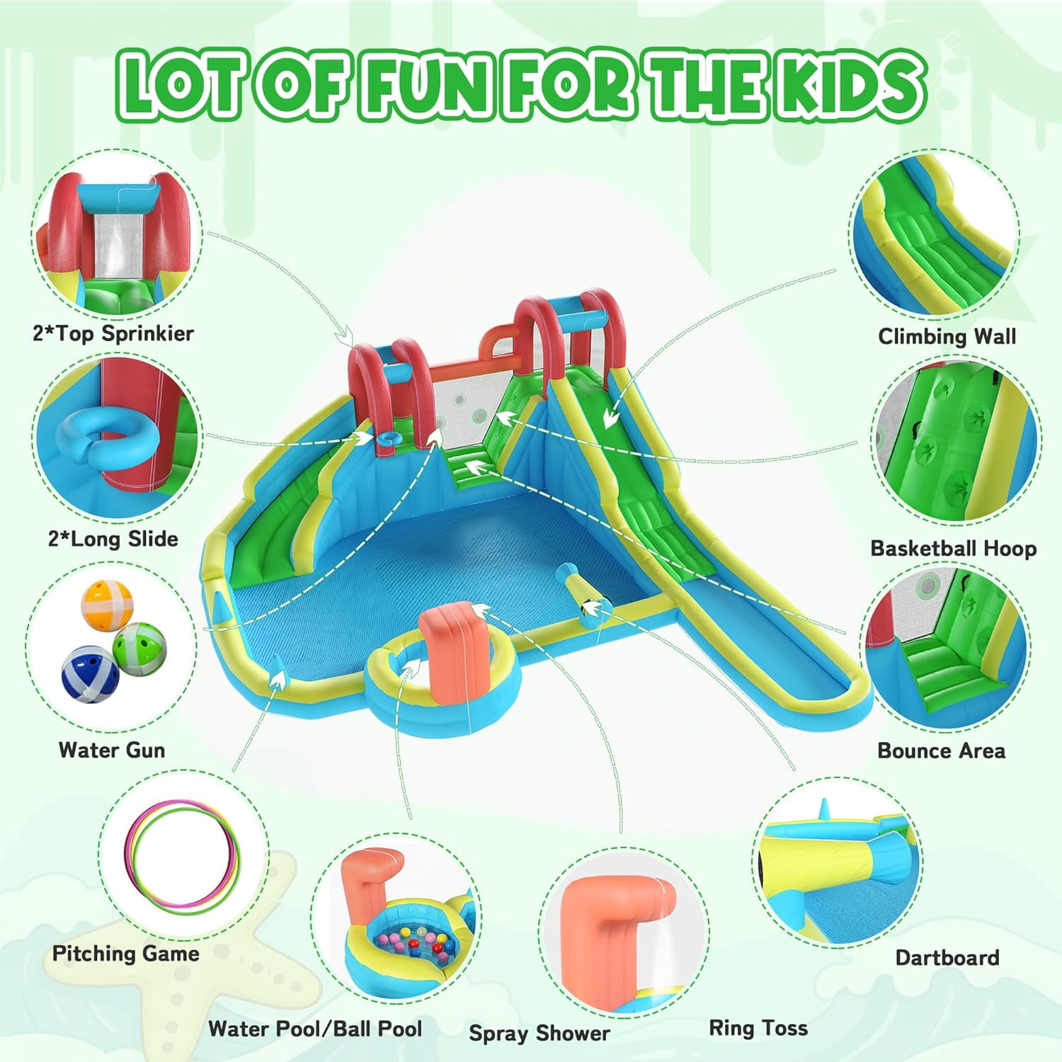Inflatable Water Slide,10 in 1 Double Water Slide Bounce House for Kids 3-12 with Blower, Splash Pool, Water Cannon, Climbing Wall, Basketball Hoop for Kids Indoor Outdoor Backyard