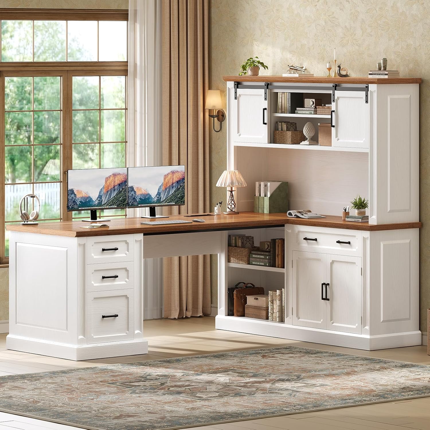 SEDETA 67" Farmhouse L Shaped Desk with Hutch, Executive Home Office Desks with 4 Drawers & Storage Cabinet, Corner Computer Desk with Sliding Doors, File Drawer & Power Outlet, White+Brown
