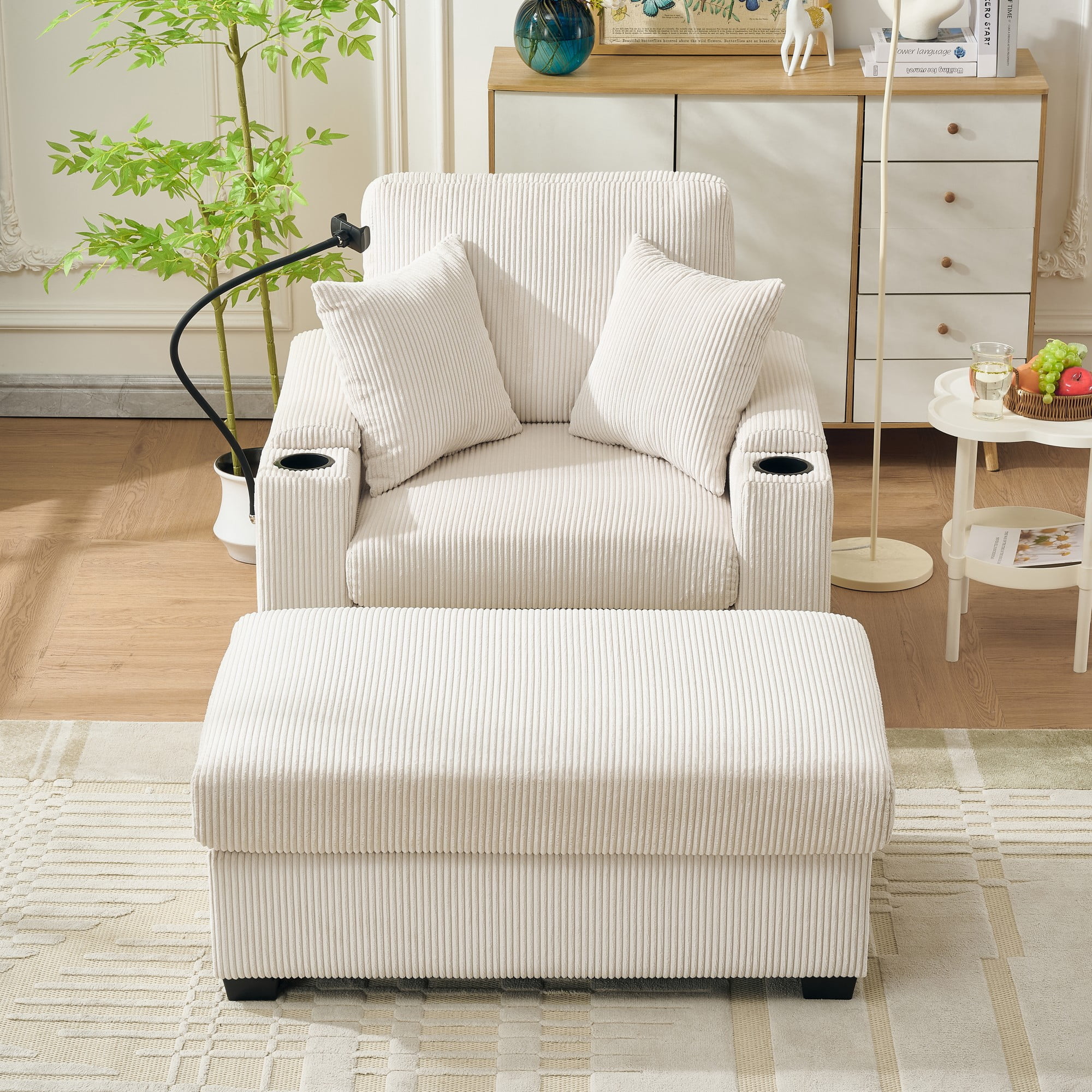 Euroco 55" Oversized Chaise Lounge Chair Indoor with Ottoman and Storage, Comfy Corduroy Sleeper Chair with Cup Holder,Mobile Phone Stand&USB Charging Port