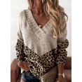thumbnail image 6 of Womens Striped Sweater Casual Leopard Long Sleeve V Neck Chunky Knit Drop Shoulder Pullover Jumper Tops Leopard Print M, 6 of 7