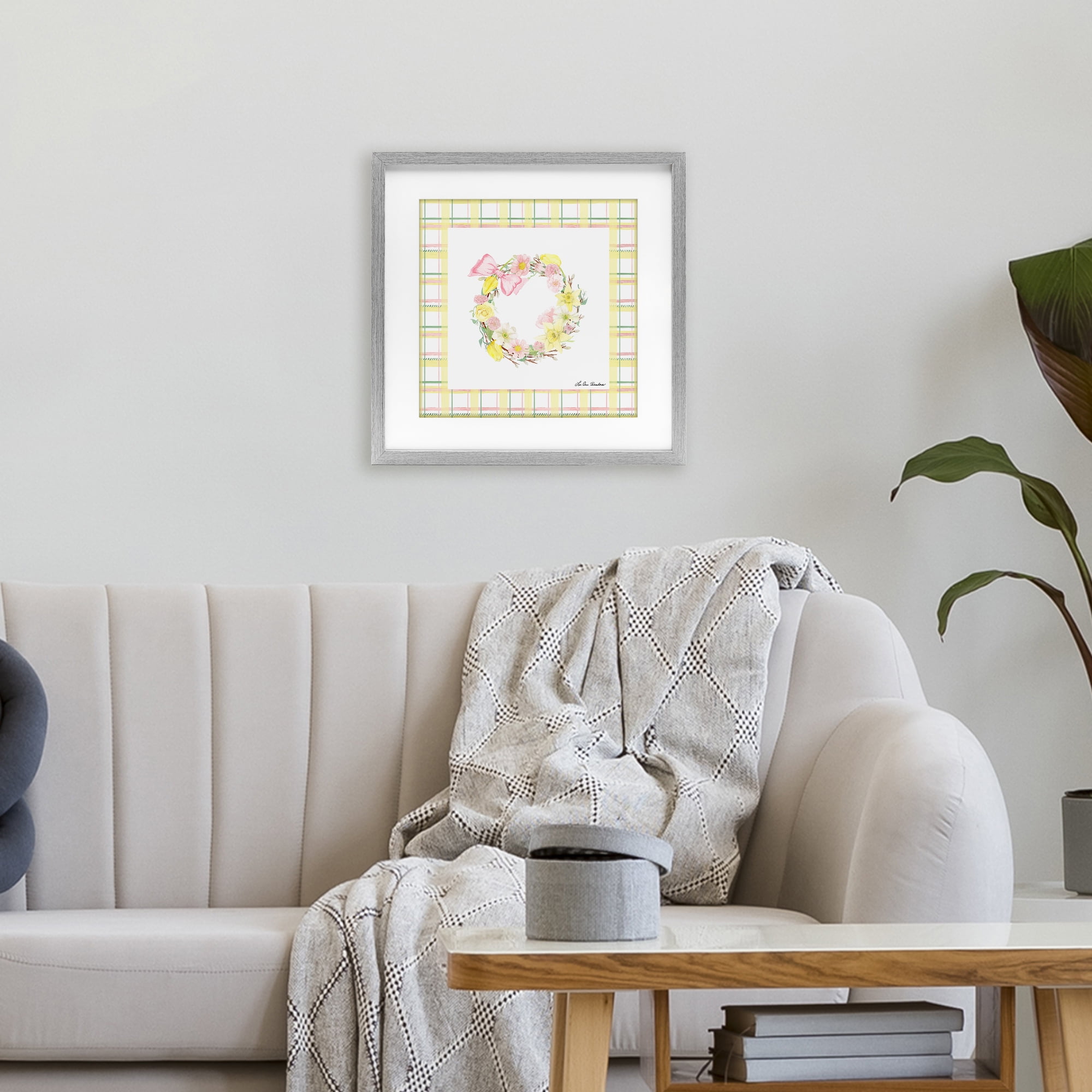 Wreath in Spring Pastels Gray Framed Print Under Glass, design by Lee Ann Sanders