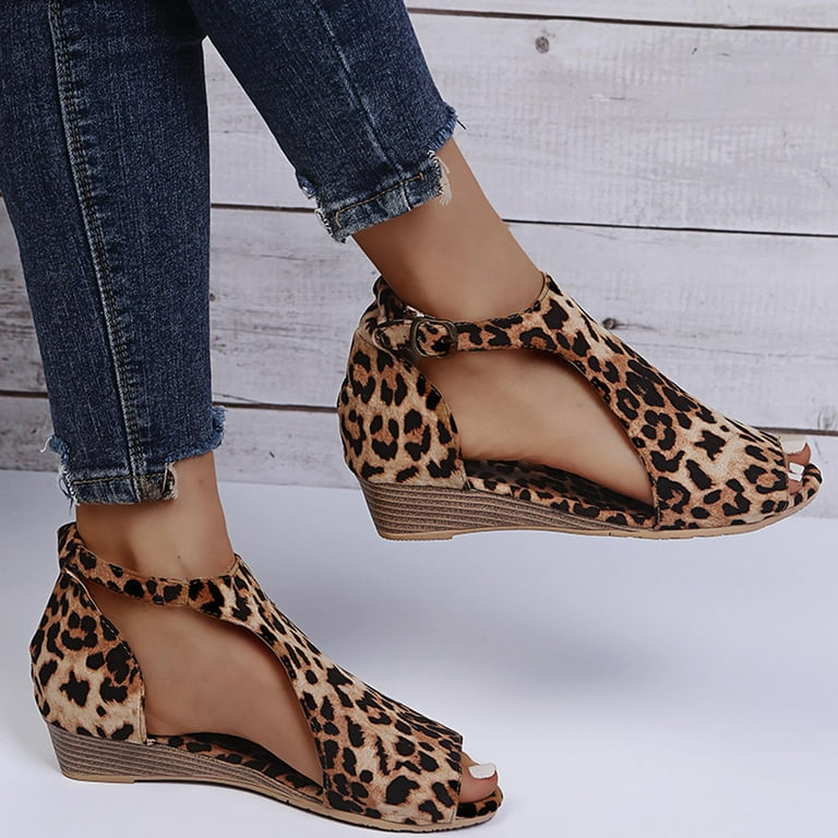 Women s Low Wedge Sandals Leopard Print Peep Toe Ankle Strap Walking Sandal Casual Summer Cut Out Booties Gladiator Shoes