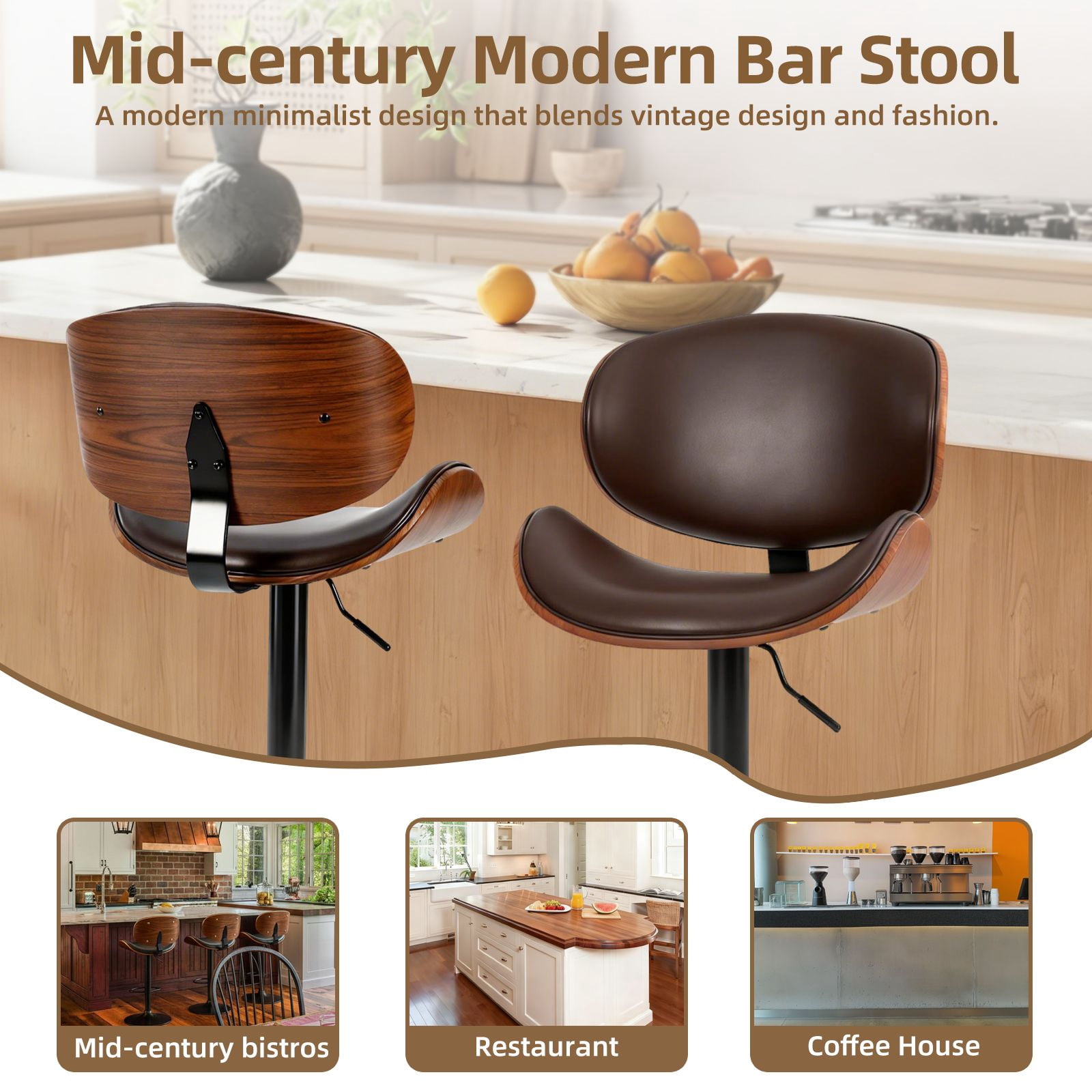 Set of 2 Rotating Bar Stools With Adjustable Height, Pu Leather Decorative Chairs, Backrests And Footstools, And Anti-Slip Rubber Bases