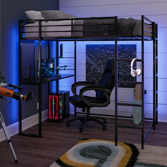 Camilla & James Full Metal Loft Bed with Desk, Black