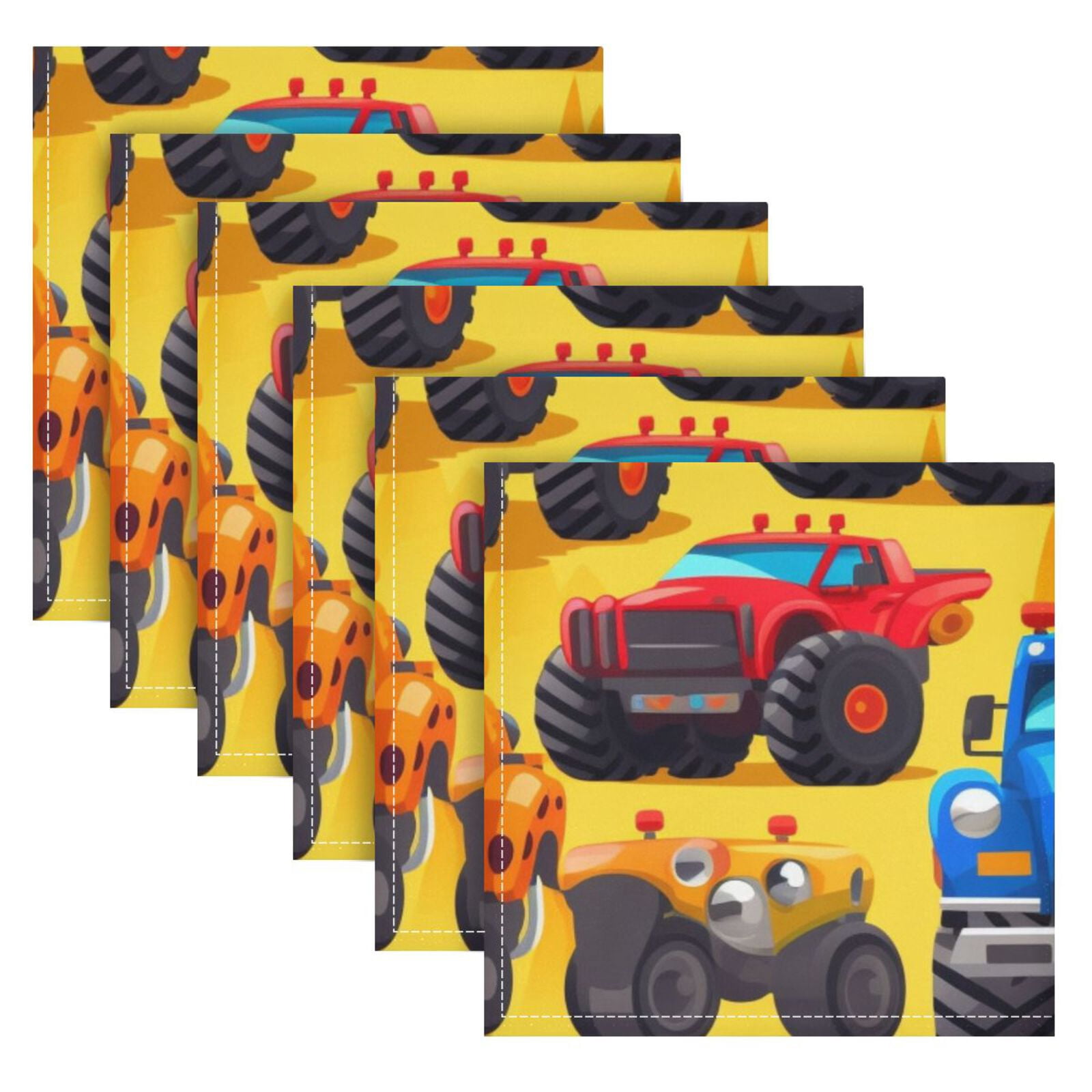 JSTEL Cartoon Trucks Cloth Napkins Set of 6, 20x20 Inch Washable and Reusable Napkin for Decoupage Dinner Party Everyday Use
