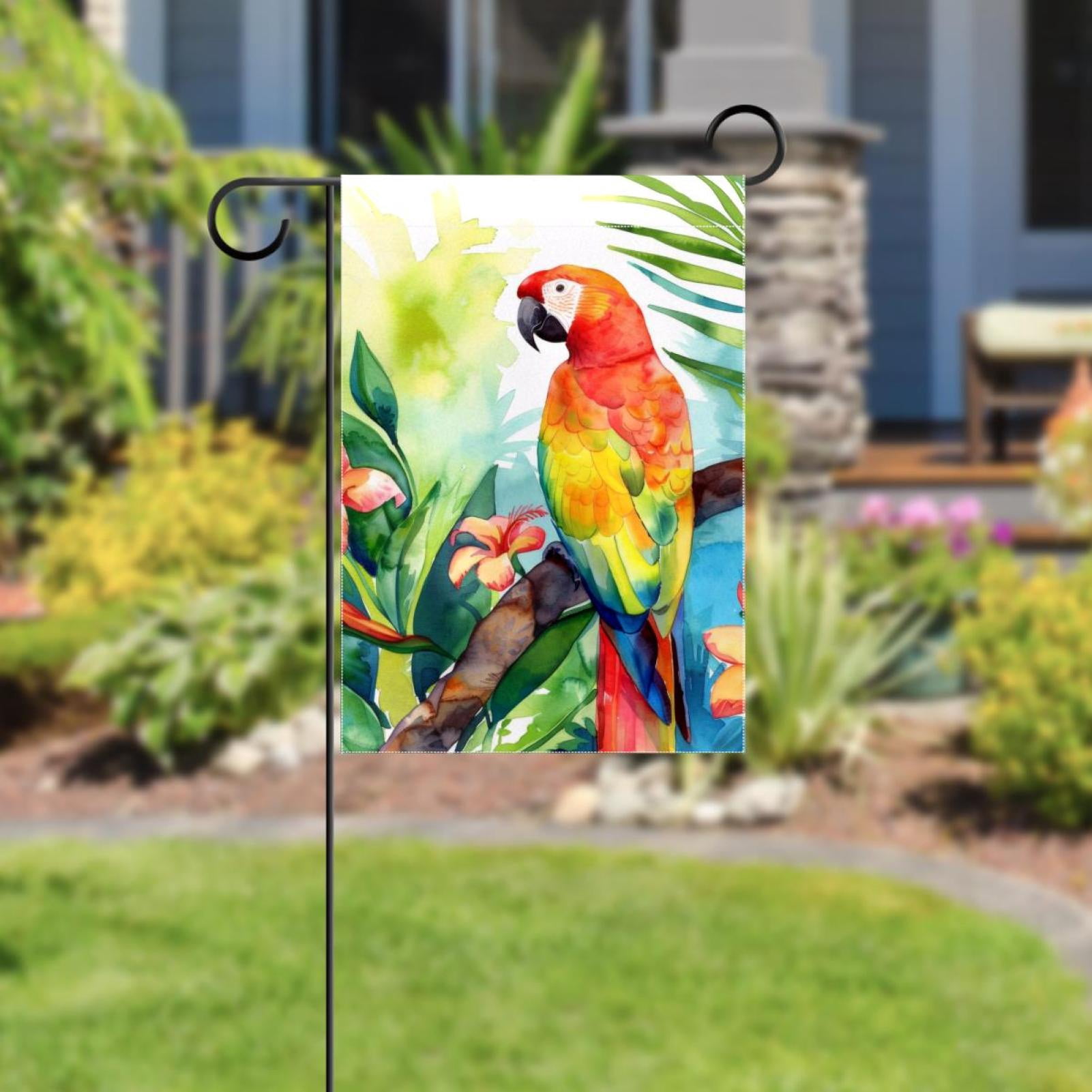 Welcome Watercolor Parrot Tropical Plant Leaf Garden Flag, Vertical Double Sided Small House Flag, Yard Farmhouse Outdoor Deck Veranda Lawn Decor 28x40 Inch