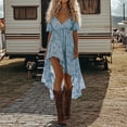 thumbnail image 2 of Delconic Women’s High Low Hem V Neck Short Sleeve Floral Print Dress Lightweight Boho Style Ruffle Detailing Summer Dress Light Blue M, 2 of 3