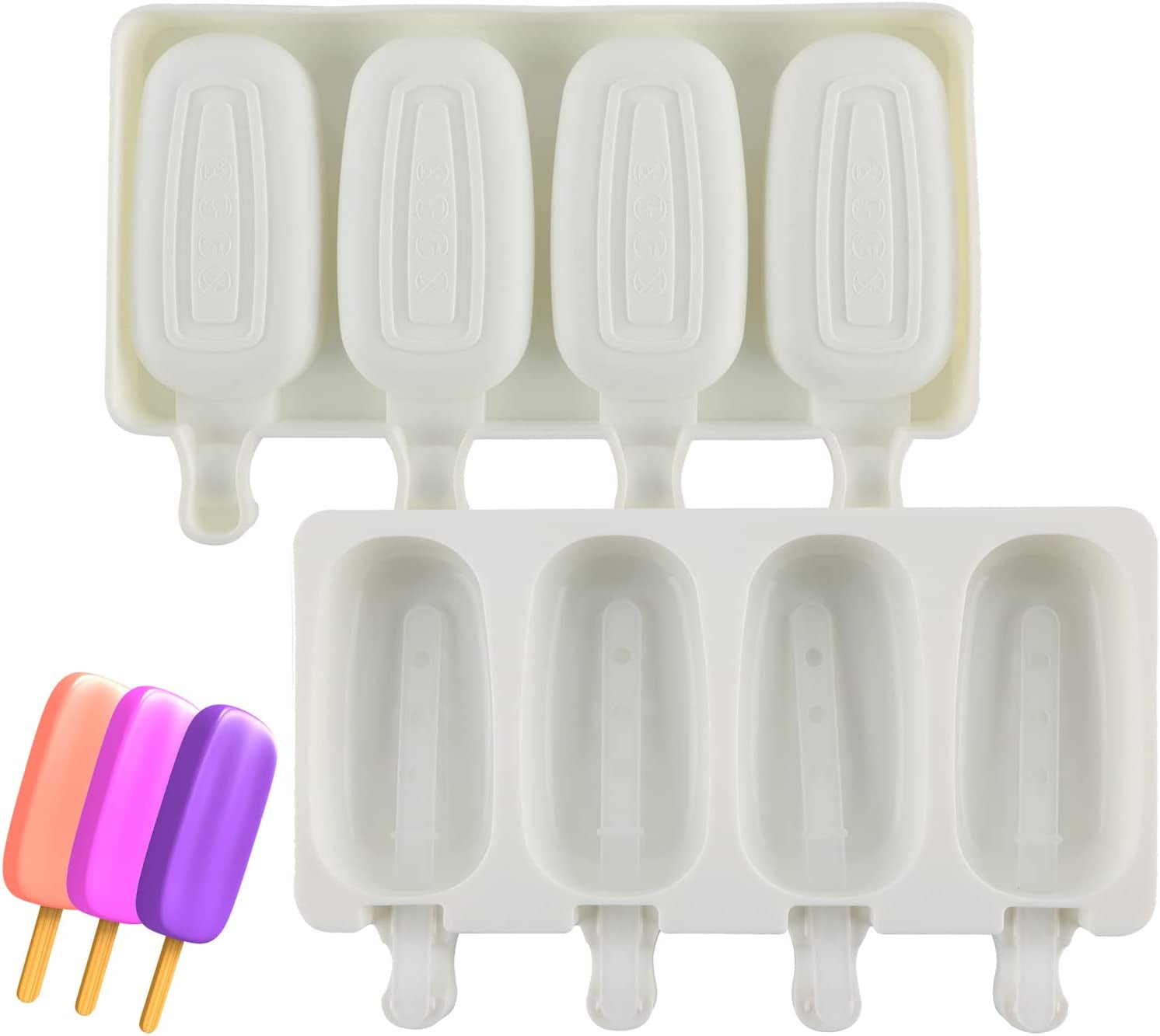 ISHANTECH 2 Pack Popsicle Molds, Large Silicone Ice cream Bar Mold Reusable, 4 Cavities Ice Pop
