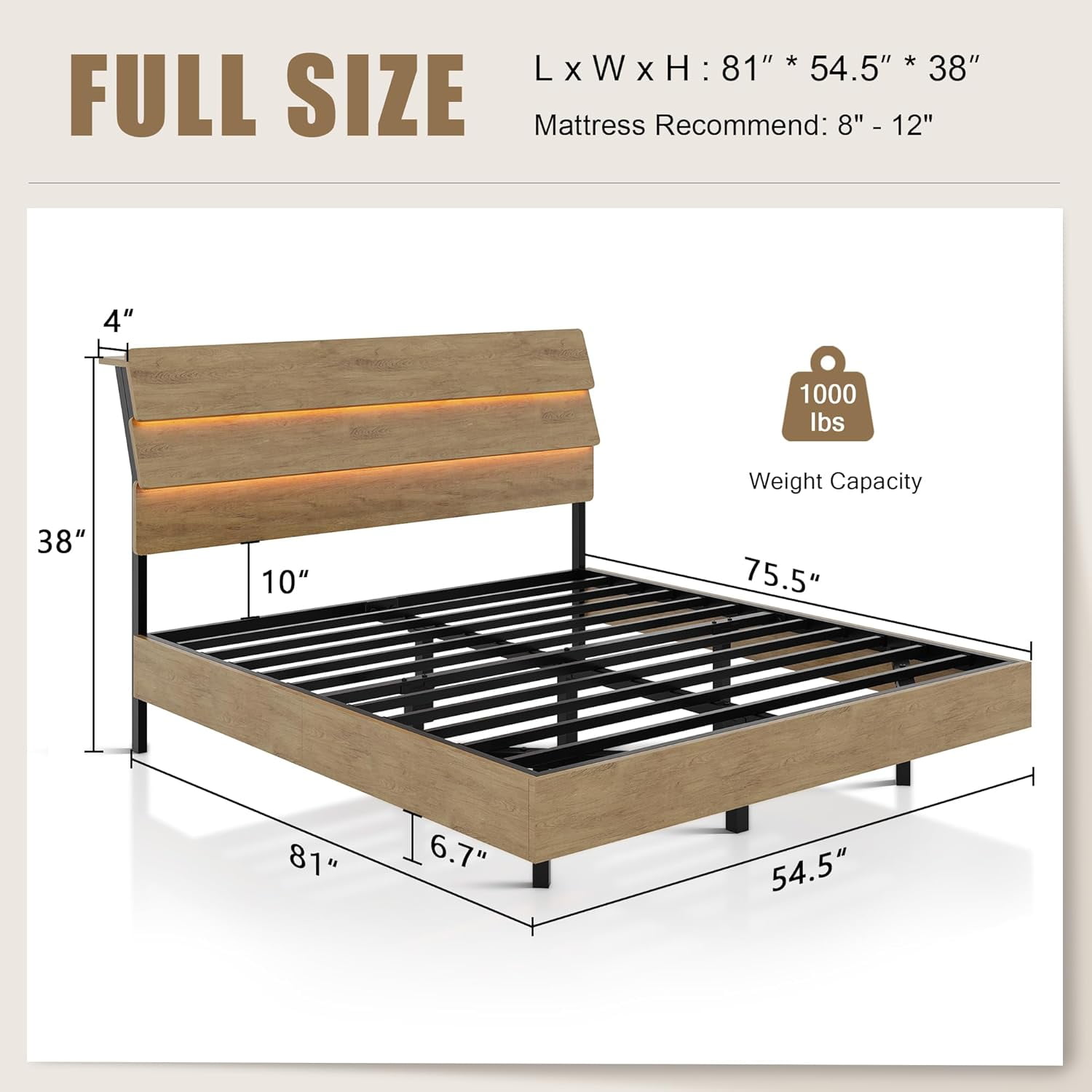 Feonase Full Floating Bed Frame with LED Lights & Charging Station, Platform Bed with Wooden Storage Headboard, Steel Slats Support, No Box Spring Needed, Easy Assembly, Noise-Free,Oak