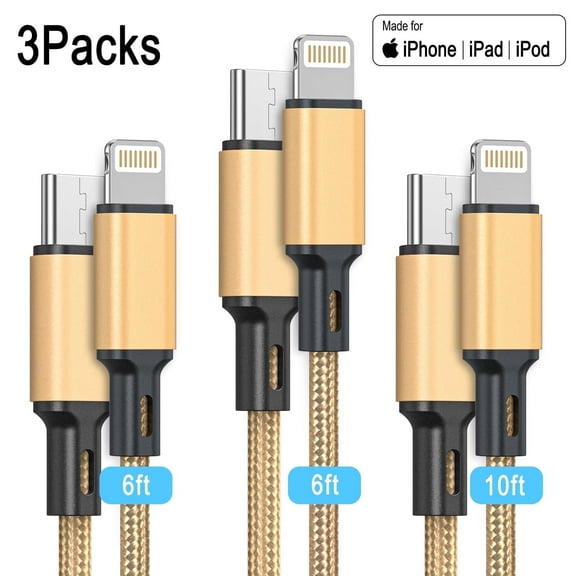 Cshidworld USB C to Lightning Cable [MFi Certified] 3Pack 6/6/10FT ,Type C Fast Charger Charging Cord Compatible with iPhone 14/13/13 Pro Max/12/12 Pro Max/11/xs/xr/x/8/iPad, Golden